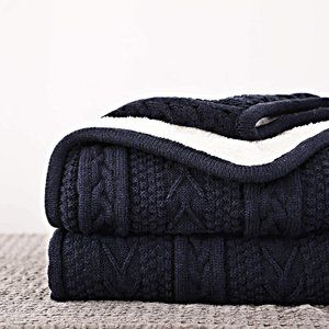 Cable Knit Sherpa Oversized Navy Blanket 60x80in